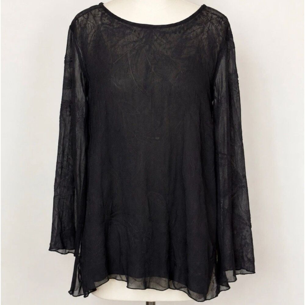 Chico’s Size 1 Black Sheer Embroidered Tunic Blouse Boho Long Sleeve Overlay Top